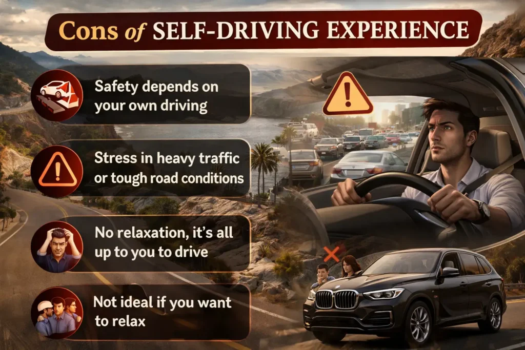 Self-driving can be stressful, risky, and tiring without professional support.