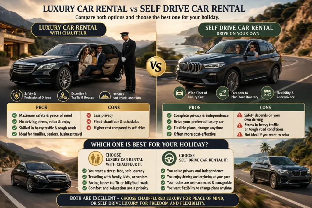 Choosing between a luxury car and a self-driving rental depends on whether you prefer comfort with convenience or freedom with flexibility.